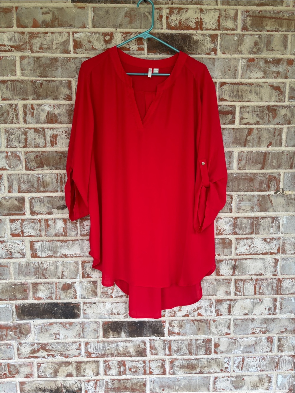 Cato Red V-Neck Roll-Tab Sleeve Popover‎ Blouse